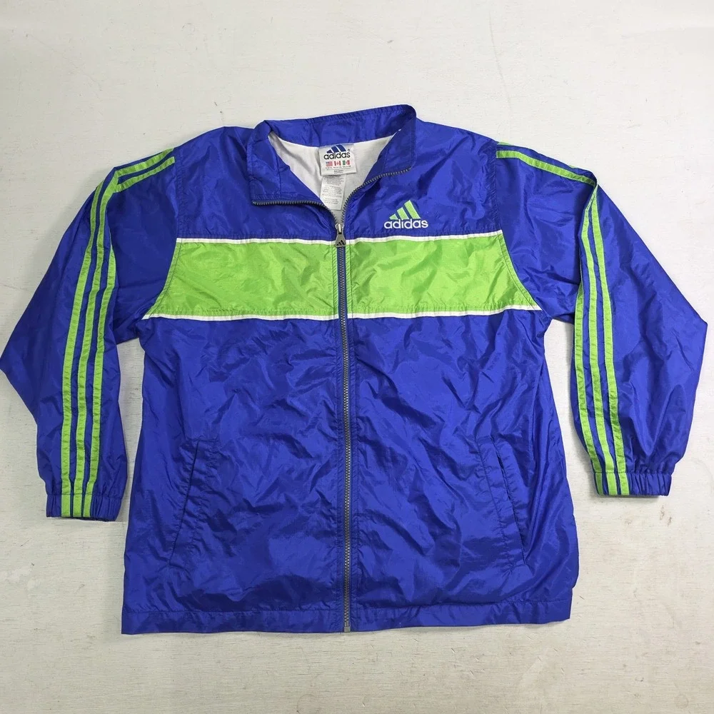 Vintage Adidas Track Jacket 3 Stripes Logo Green Blue‎ Colorblock Lined Youth XL